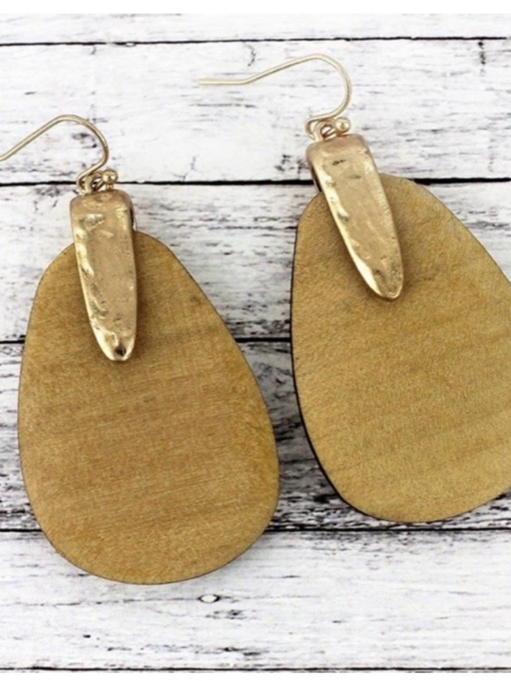 Goldtone & Wood Teardrop Earrings | Lightweight | NWT